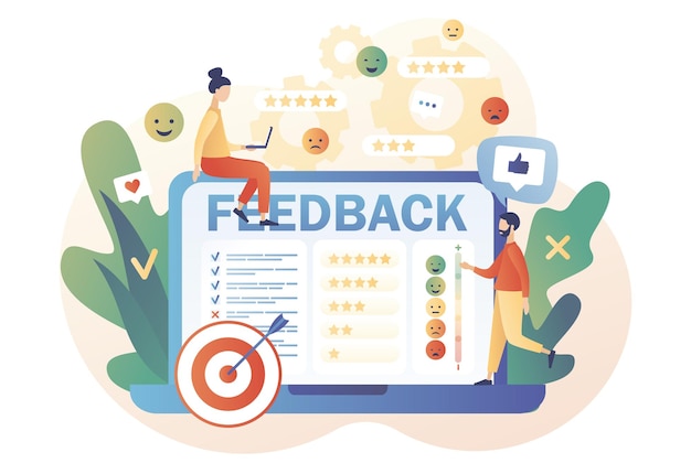 feedback concept tiny people leave feedback and put assessment online on laptop customer survey