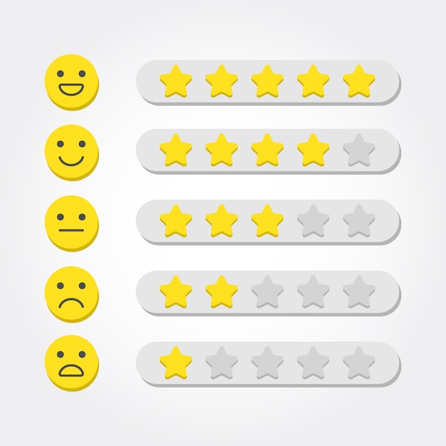 Vector feedback concept. vijfsterrenbeoordeling en emoji-schaal voor web- en mobiele app