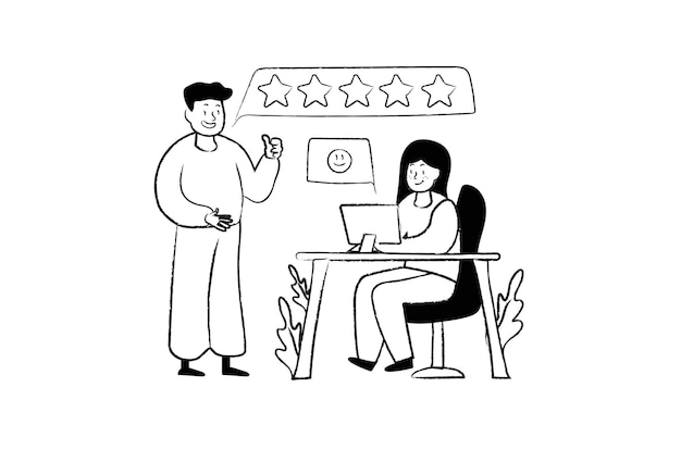 Feedback concept with people scene in the flat black and white cartoon style