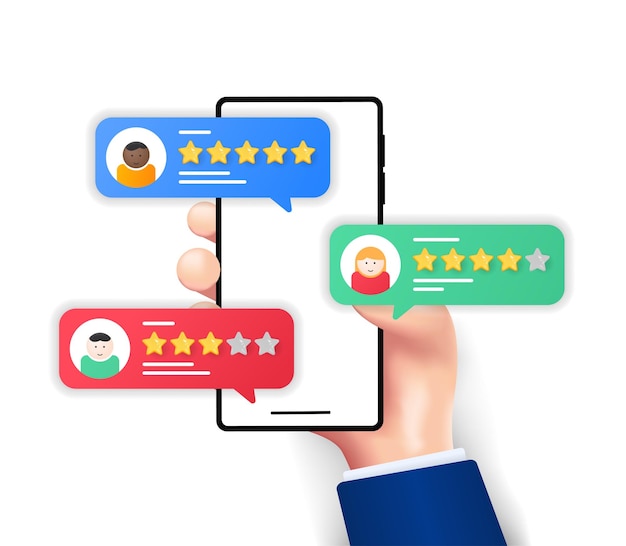 Feedback sulla recensione dei clienti sullo schermo di un telefono cellulare persone che valutano il servizio di prodotto recensione online