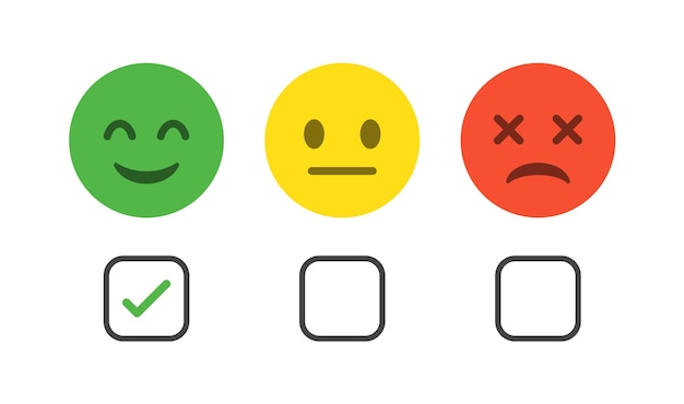 feedback emoji rating with check box frame and checkmark icon happy neutral sad wrong emoticon