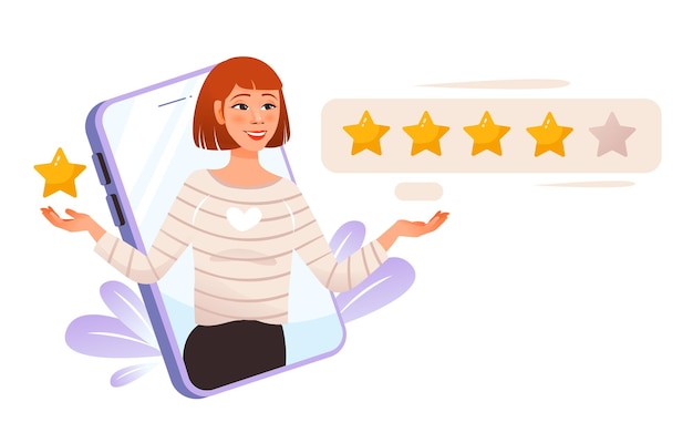 Feedback. A girl giving five stars. Positive feedback. The concept of customer service