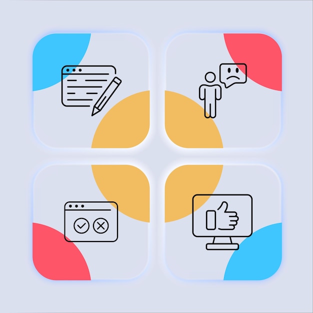 Feedback icon set Advies reactie boek commentaar samenvatting klacht goede slechte reactie positieve negatieve suggestie Feedback concept Neomorphism stijl Vector lijn icoon voor het bedrijfsleven