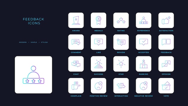 Feedback iconen collectie met blauwe duotone stijl analytics onderzoek informatie diagram rapport statistiek app vector illustratie