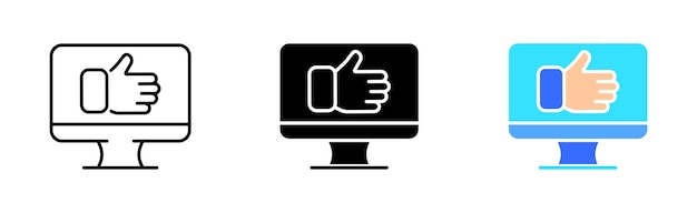 Feedback line icon Trumb up with monitor thumb up emotion to share with friends Review conceptVector icon in line black and colorful style on white background