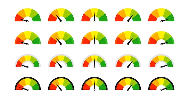 벡터 플랫 스타일로 설정된 피드백 미터 벡터 색상 속도계 컬렉션 아이콘 성능 측정 그림