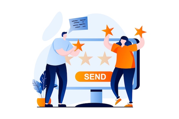 Feedback page concept with people scene in flat cartoon design Man and woman make good reviews and star rating on website Customer satisfaction ranking Vector illustration visual story for web