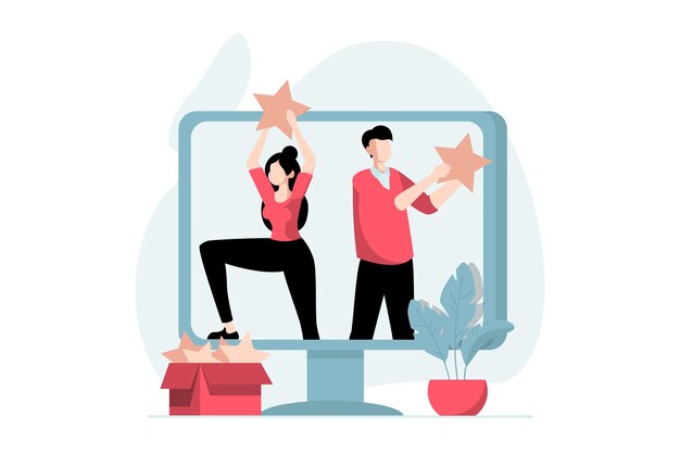 Feedback page concept with people scene in flat design man and woman are satisfied with their user experience and put top star rating on site vector illustration with character situation for web