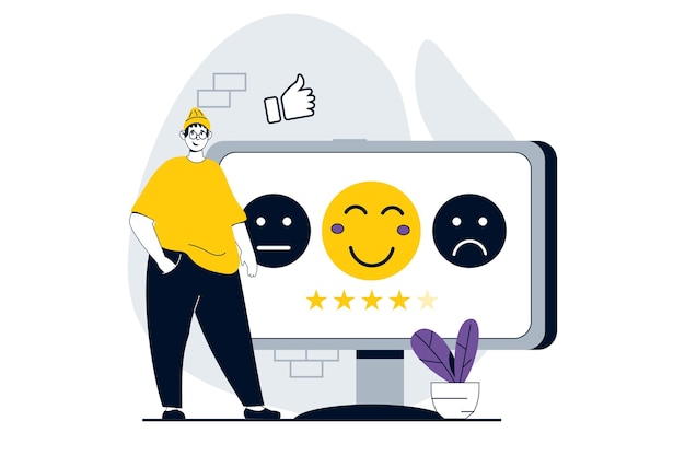 Vettore concetto di pagina di feedback con persone scena in design piatto per il web uomo che sceglie sorriso con buona emozione per la valutazione dell'esperienza del cliente illustrazione vettoriale per banner di social media materiale di marketing