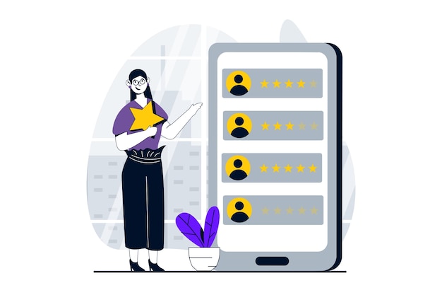 ベクトル フェードバックページのコンセプト - 人々のシーン - フラットデザインのウェブ - 女性の投票と選択 - モバイルアプリのクライアント体験の評価 - ソーシャルメディアのバナーマーケティングマテリアルのベクトルイラスト