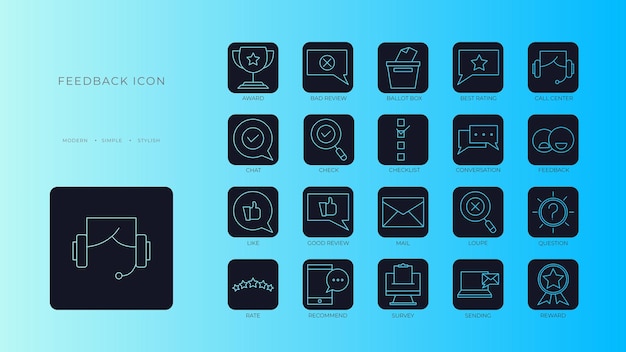 Feedback pictogrammen met zwarte gevulde omtrekstijl dun lijnpictogram gerelateerd aan feedbackbeoordeling getuigenissen snelle reactietevredenheid en meer eenvoudig webpictogram vectorillustratie