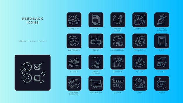 Feedback Pictogrammen met zwarte gevulde omtrekstijl Dun lijnpictogram gerelateerd aan feedbackbeoordeling getuigenissen snelle reactietevredenheid en meer Eenvoudig webpictogram Vectorillustratie