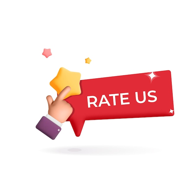 Feedback rate us red 3d vector label banner. Hand clicks to stars label design. Speech bubble