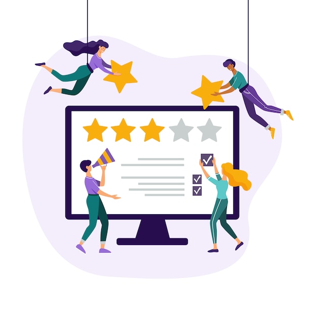 Vettore concetto di feedback / recensione. valutazione della recensione del cliente. persone che lasciano una valutazione a cinque stelle sullo schermo di un monitor. illustrazione piatta.