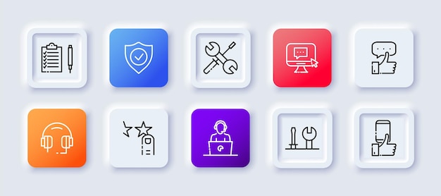 Feedback set icon Clipboard checklist shield tick screwdriver wrench comment message like positive feedback headset rating rate operator fix Communication concept Neomorphism style