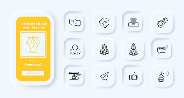 フィードバック セット アイコン ホットライン サポート サービス ファックス 反応を調整するのに役立ちます コメント ボタン ユーザー オンライン ギアのようなメッセージを送信します ビジネス コンセプト ネオモーフィズム UI 電話アプリ画面 ベクトル線アイコン