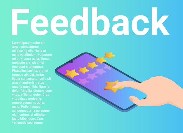 フィードバック 評価の星が付いたスマートフォン 消費者レビュー アプリケーションのサポート ビジネス スタイルのポスター