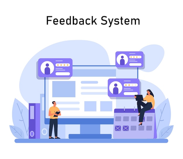 Vector feedback system concept professionals analyzing user ratings and reviews on a digital platform