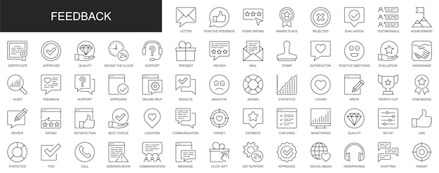 Feedback web iconen ingesteld in dunne lijn ontwerp pack van review zakelijke tevredenheid enquête commentaar rating award plaats evaluatie prestatie andere outline stroke pictogrammen vector illustratie