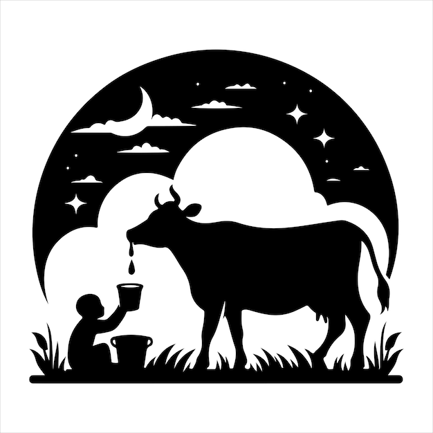 Vector feeding cow stylized vector silhouette vector black color silhouette