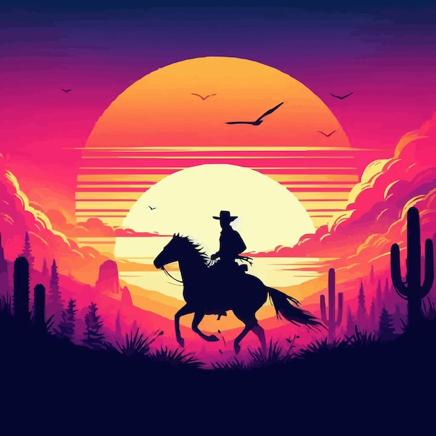 feee vector silhouette of a cowboy riding into the sunset c4d dreamy and optimistic vibrant sky
