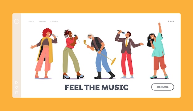 Feel the Music Landing Page Template. People Singing in Karaoke Club. Male or Female Characters Sing with Microphones