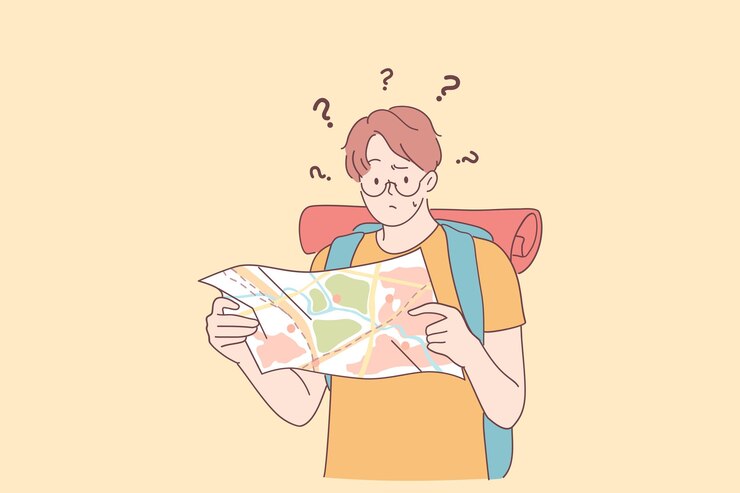失われた感じと欲求不満の概念。市内地図と一緒に立って、苦痛、恐れ、欲求不満のために心配し、落ち込んでいる若い白人男性の漫画のキャラクター