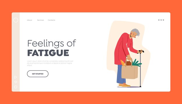 Feelings of fatigue landing page template tired elderly woman carry bag granny leaning on walking cane