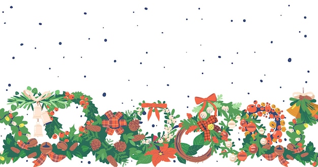 Feestelijk en vrolijk naadloos patroon met kerstboomkransen en slingers versierd met dennenappels en strikken Holiday Horizontal Border Wallpaper Design Project Cartoon Vector Illustration