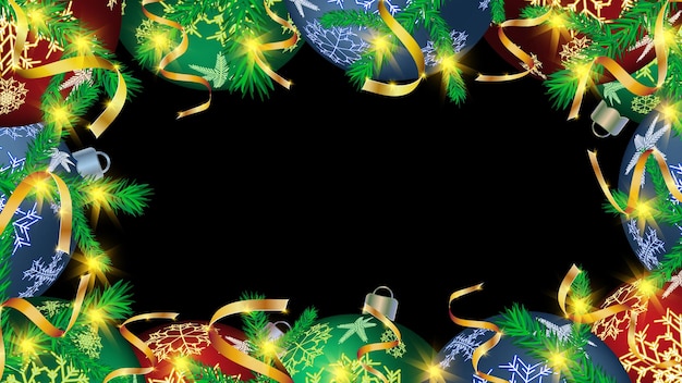 Feestelijk kerstframe voor het nieuwe jaar van kleurrijke ballen Kerstboomversieringenachtergrond