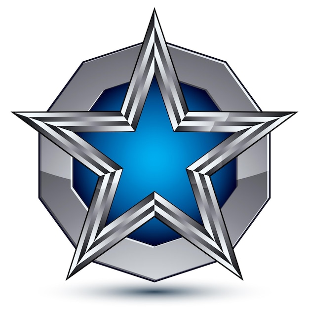 Feestelijk metalen geometrisch symbool, gestileerde vijfhoekige blauwe ster geplaatst op een rond zilveren oppervlak, het beste voor gebruik in web- en grafisch ontwerp. Gepolijst 3D-vector pictogram geïsoleerd op een witte achtergrond.