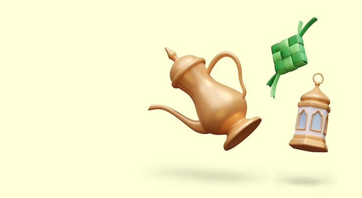 Vector feestelijk moslimdiner gediend voor het breken van het vasten metalen ketel ketupat lantaarn