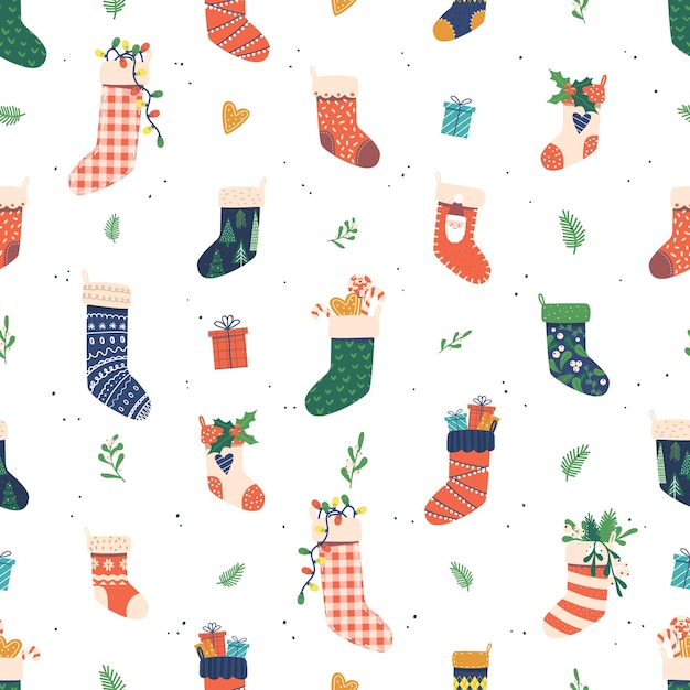 Feestelijk naadloos patroon met kerstsokken versierd met geschenken en decoraties met vakantiethema, behang of inpakpapier Vrolijk en vrolijk ontwerp Cartoon vectorillustratie