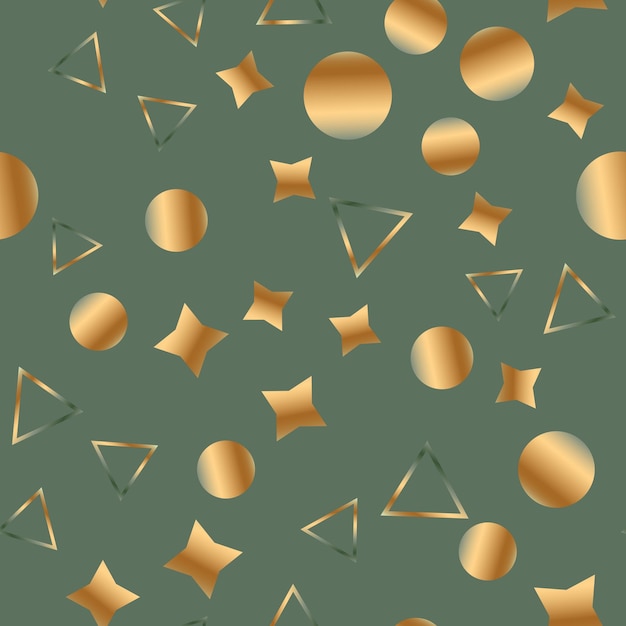 Feestelijk naadloos vectorpatroon met gouden sterren driehoeken en cirkels op salie groene achtergrond partij ontwerp met metalen vormen is perfect voor gifs briefpapier inpakpapier wenskaarten