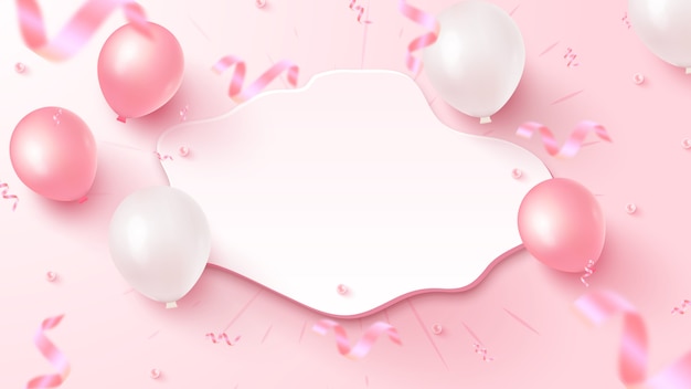 Feestelijk ontwerp van de banner met witte aangepaste vorm, roze en witte lucht ballonnen, vallende folie confetti op roze achtergrond.