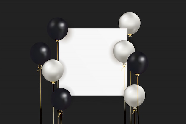 Feestelijke achtergrond met helium zwarte, grijze ballonnen met lint en lege ruimte voor tekst. Vier een verjaardag, poster, banner gelukkige verjaardag. Realistische decoratieve designelementen