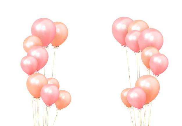 Feestelijke achtergrond met heliumballonnen. Vier een verjaardag, poster, banner gelukkige verjaardag. Realistische decoratieve designelementen. Vector 3D-object ballon met lint, roze en oranje kleur.