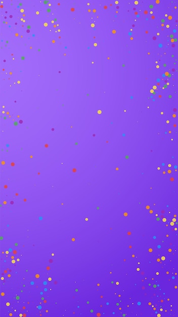 Feestelijke briljante confetti. viering sterren. kleurrijke confetti op violette achtergrond. fascinerende feestelijke overlay-sjabloon. verticale vectorachtergrond.