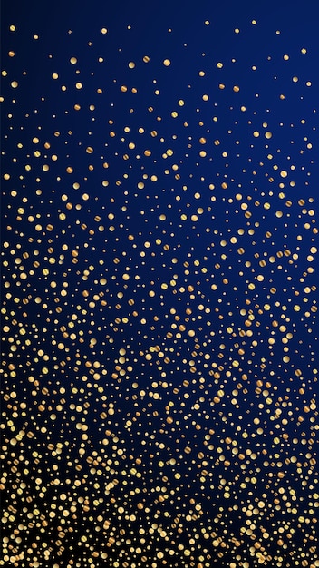 Feestelijke delicate confetti. viering sterren. gouden confetti op donkerblauwe achtergrond. geweldige feestelijke overlay-sjabloon. verticale vectorachtergrond.