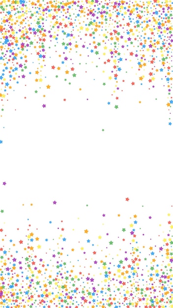 Vector feestelijke energieke confetti. viering sterren. regenboog heldere sterren op witte achtergrond. goed uitziende feestelijke overlay-sjabloon. verticale vectorachtergrond.