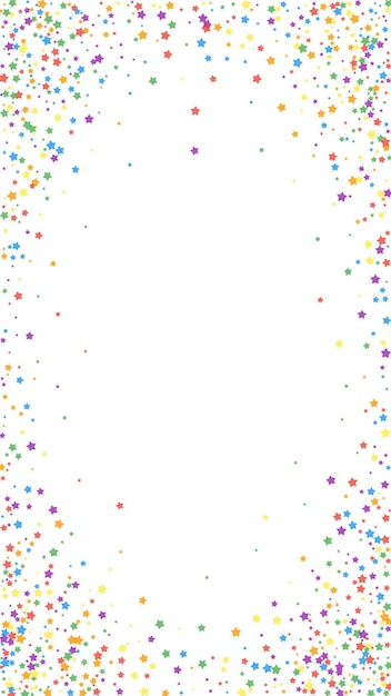 Vector feestelijke fancy confetti. viering sterren. regenboog heldere sterren op witte achtergrond. gunstige feestelijke overlay-sjabloon. verticale vectorachtergrond.