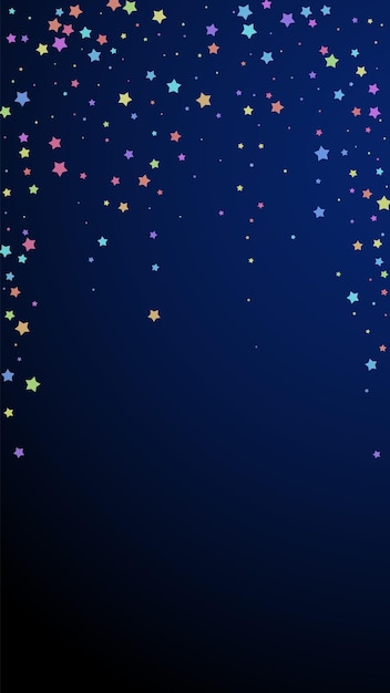 Feestelijke fantasierijke confetti. viering sterren. kleurrijke sterren willekeurig op donkerblauwe achtergrond. prachtige feestelijke overlay-sjabloon. verticale vectorachtergrond.