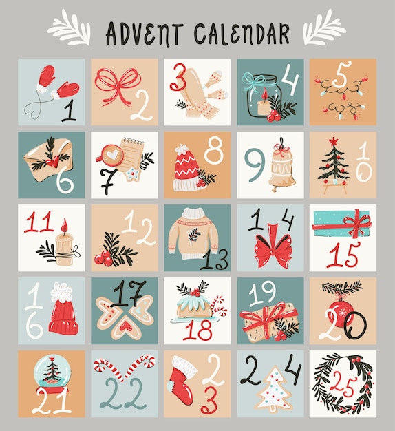 Feestelijke Hand getekende adventskalender. Klaar om te printen