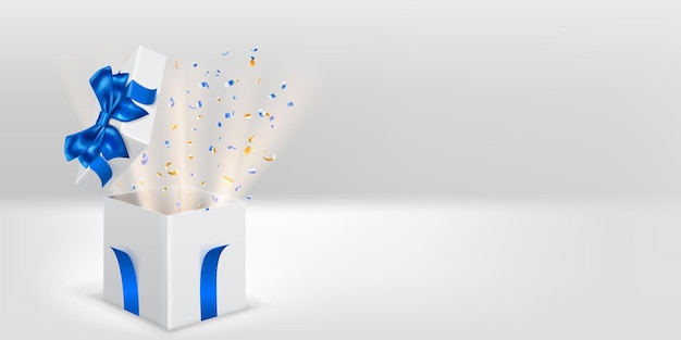 Feestelijke illustratie met open witte geschenkdoos met blauwe linten en strik Stukken serpentijn en lichtstralen vliegen eruit