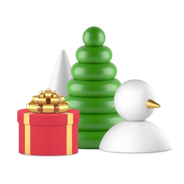 Feestelijke kerst abstracte groene spar ballon geschenkdoos en sneeuwpop realistische 3d-pictogram vector