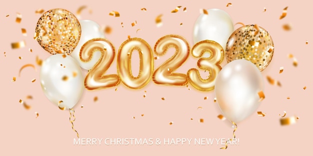 Feestelijke kerstachtergrond met witte en gele ballonnen nummers 2023 van gouden folieballonnen en glanzende stukjes serpentine Vectorillustratie voor posters, flyers of kaarten