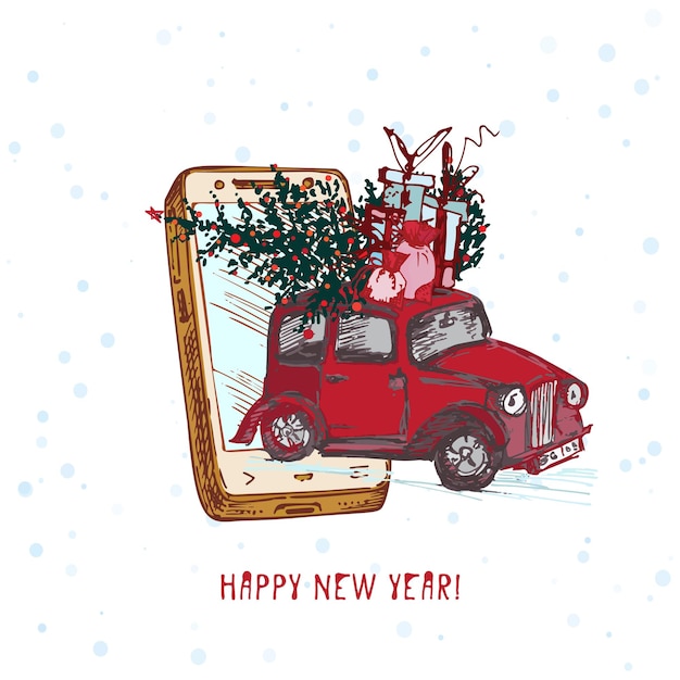 Feestelijke Kerstmis Nieuwjaar concept vakantie levering Hand getekende smartphone en rode auto met fir tree versierde rode ballen en geschenken op besneeuwde achtergrond Tekst Gelukkig Nieuwjaar vectorillustraties