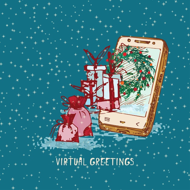 Feestelijke Kerstmis Nieuwjaar concept vakantie online groet Hand getrokken smartphone en fir tree krans versierde rode ballen geschenken op besneeuwde achtergrond Tekst virtuele groet vectorillustraties