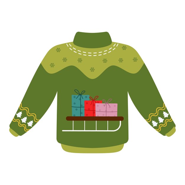 feestelijke kersttruien met sneeuwpoppen, bomen en geschenken