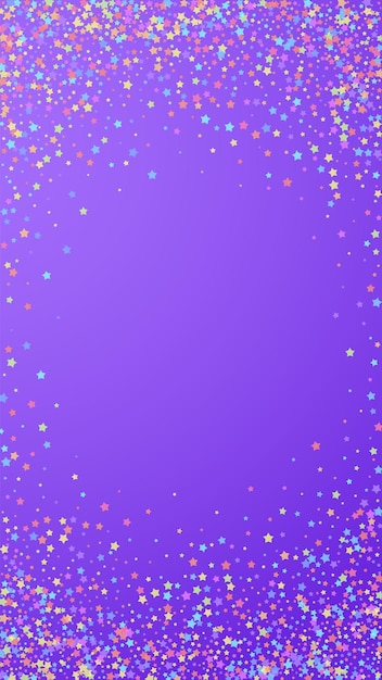 Feestelijke oogverblindende confetti. viering sterren. kleurrijke sterren dicht op violette achtergrond. feestelijke overlay-sjabloon ophalen. verticale vectorachtergrond.